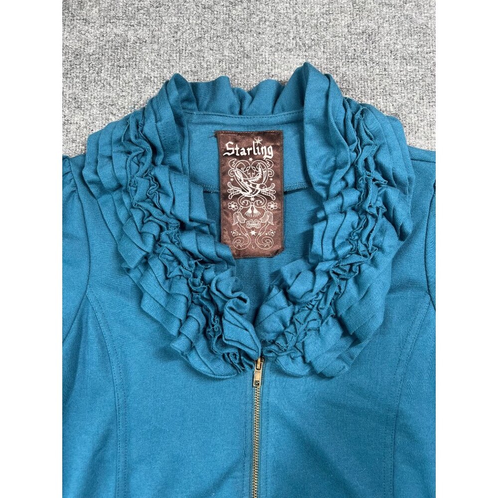 Starling Women's Teal Ruffled Collar Zipper Jacket Size L chic soft comfortable